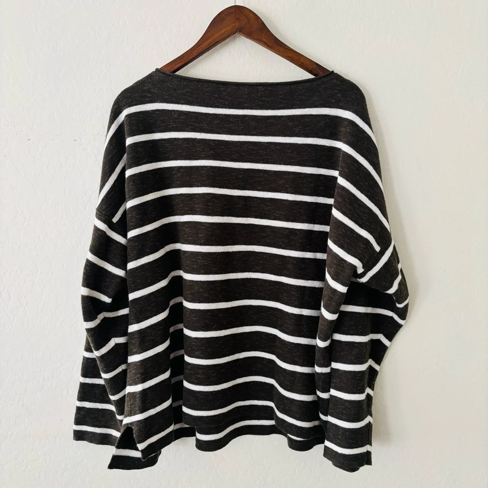 Eileen Fisher Dark Green‎ White Striped Knit Light Sweater Top Sz XL Linen Blend